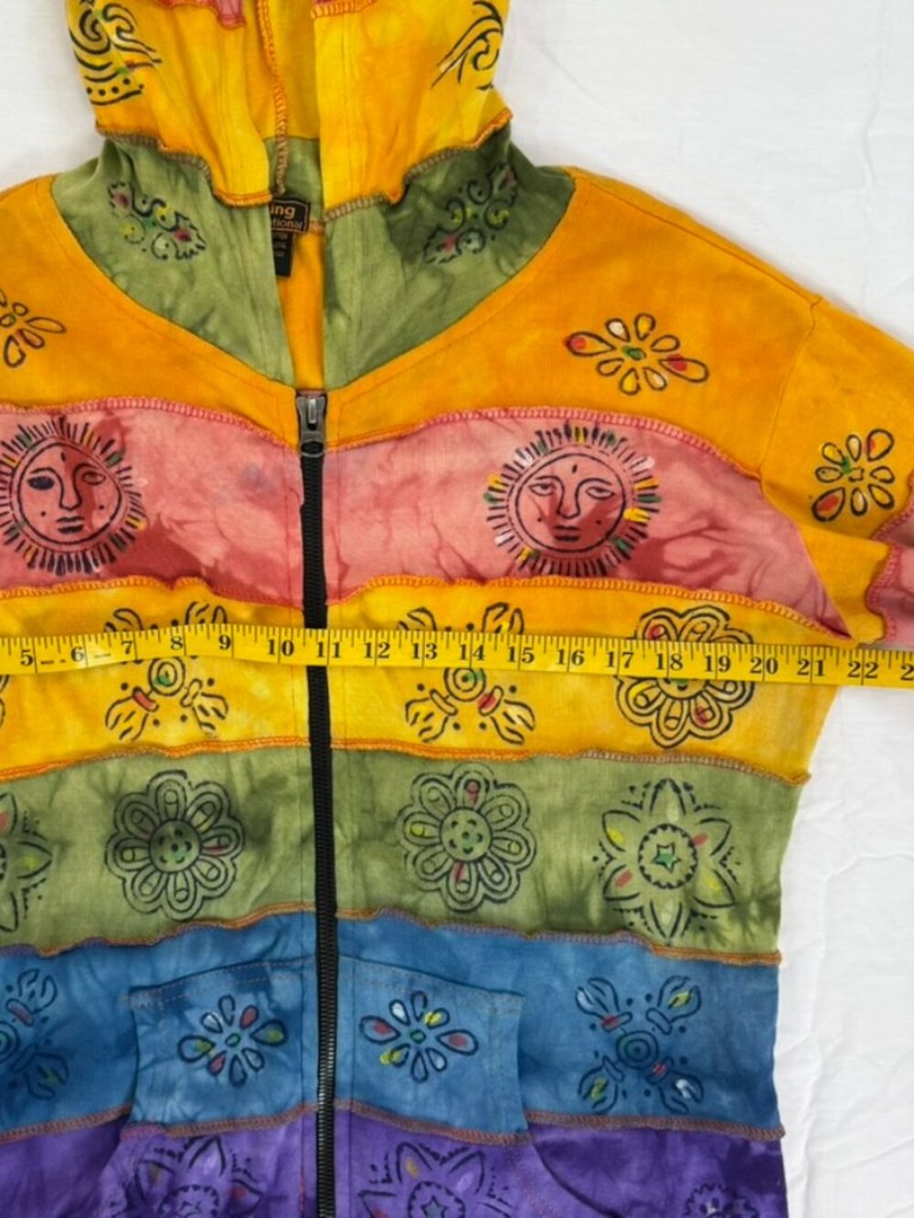 Rising International Rainbow Patchwork Hoodie Women’s XL Boho Hippie Tie Dye - Picture 7 of 10
